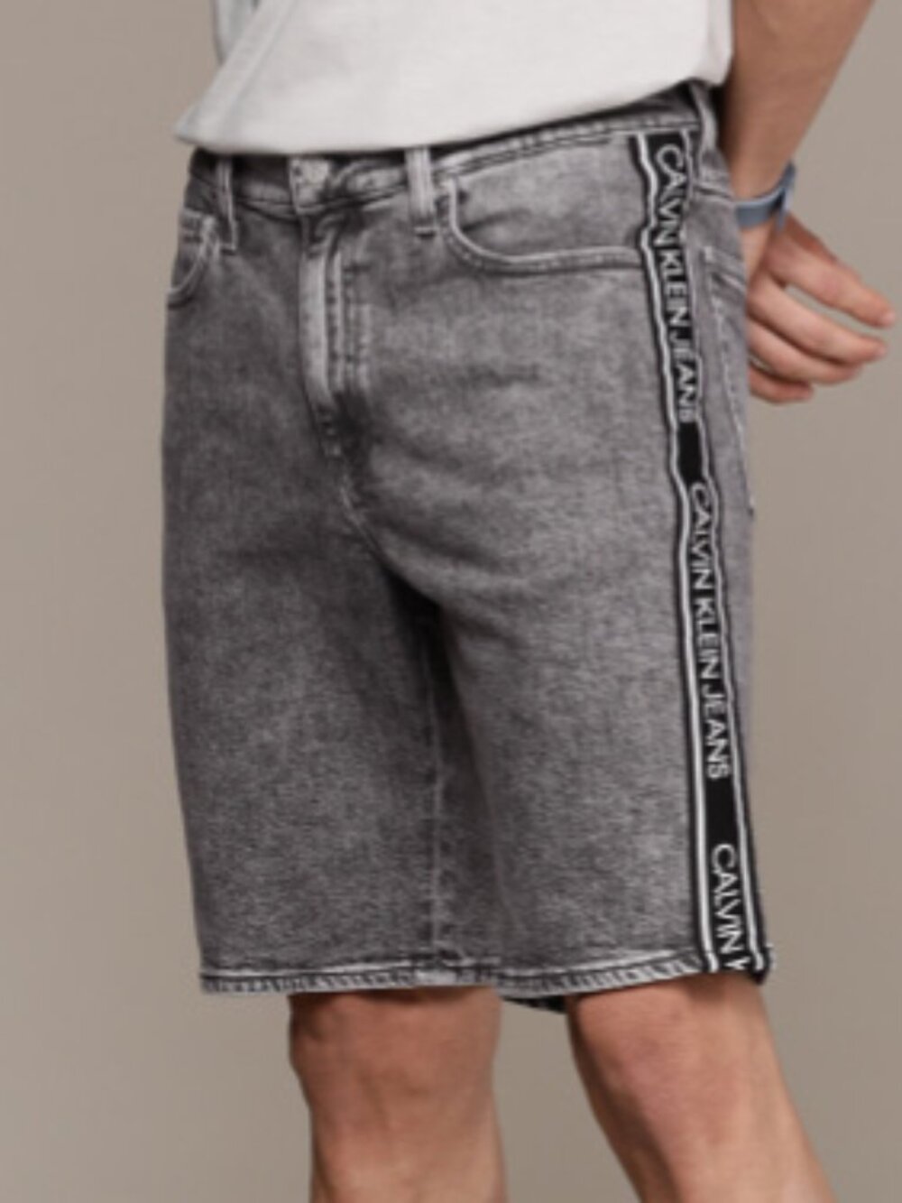 EUC Calvin Klein Jeans Grey Slim Fit Denim Shorts With Printed Side Stripes (34)